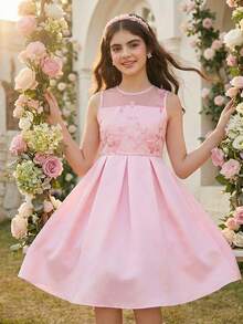 Robe rose à finition satin élégante pour grandes filles, convenant pour les fêtes d'anniversaire, les célébrations familiales et les occasions formelles, été - Rose bonbon - Voir 8