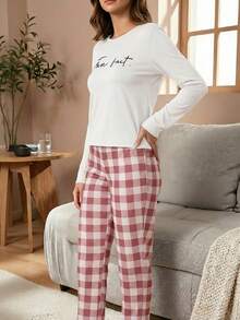 Conjunto de pijama de manga larga con estampado de letras y cuadros, ropa de otoño e invierno - Rosa y Blanco - Ver 2