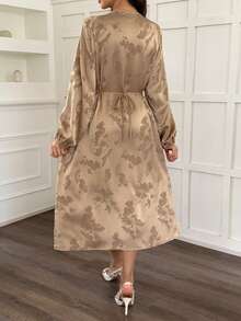 Vivie Lora Women's Chinese Style Floral Print Midi Dress With Oblique Collar Sundress - Khaki - View 3