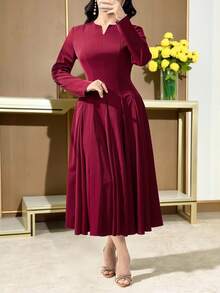 Feyla 女士纯色V领长袖褶皱设计优雅中长连衣裙 - 酒紅色 - 查看 5