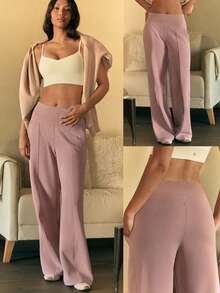 GLOWMODE 30'' Modal Fleece Wide Leg High Waist Adjustable Drawstring Waist Joggers Pants With Side Pockets Daily Casual - Dusty Pink - View 6