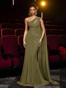 Glamrae Elegant Brown High-Stretch Mesh Asymmetric Shoulder Maxi Dress,Metal 3D Floral Decor,Front Ruching,Draped Side Panels,Fishtail Hem Formal Gown - Olive Green - View 6