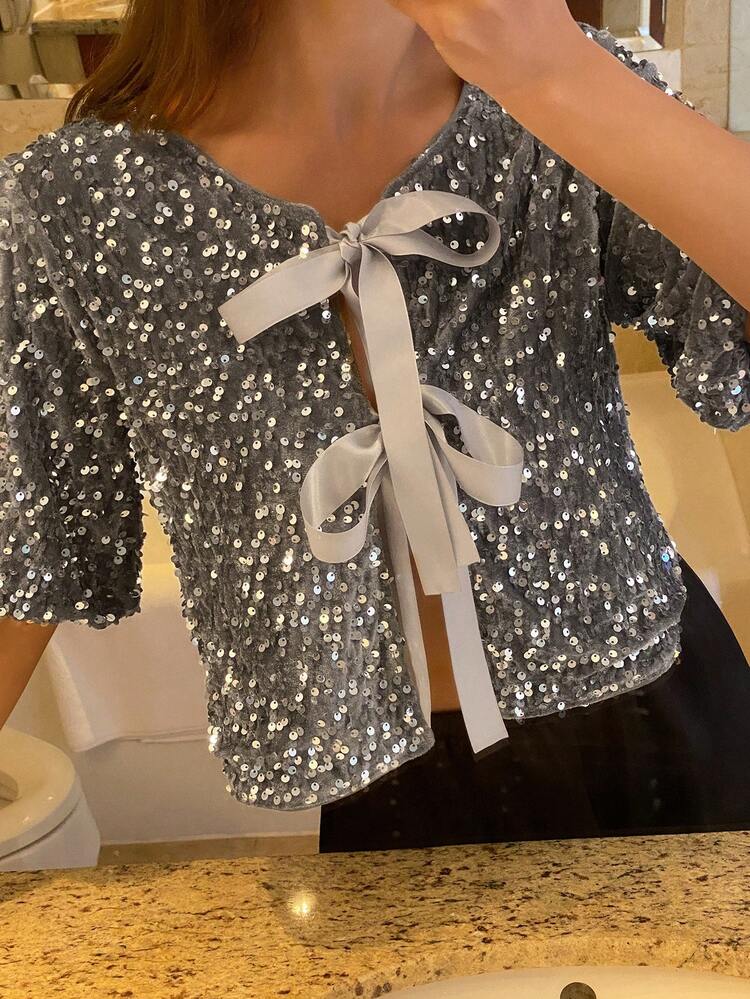 Elegant Rhinestone Decor Short Sleeve Blouse For Women, Casual Office Commute Wear, Suitable For Spring, Summer, Valentine's Day, Wedding Carnival