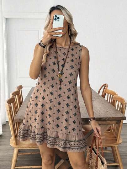 Louniche Women's Simple Sleeveless Backless Tie Floral Print A-Line Mini Dress, Early Spring