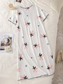 Vestido de Pijama Minimalista e Fofo com Estampa de Cereja para Meninas, Decoração com Laço Preto, Vestido Casual de Uso Doméstico para Meninas Pré-Adolescentes - Branco - Visão 2