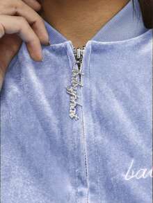 BABYPHAT 复古丝绒拉链卫衣，白色撞色滚边，长袖设计，适合秋冬季休闲叠穿 - 淺藍色 - 查看 5