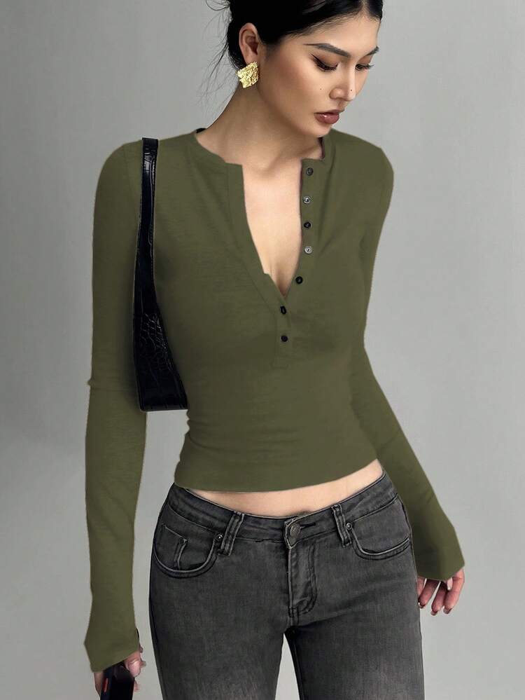 Women's Half-Zip Long Sleeve Bodycon T-Shirt Y2k