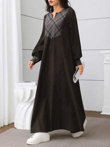 Al Najma New Autumn Vintage Contrast Color Plaid  Casual Dress - Coffee Brown - View 5