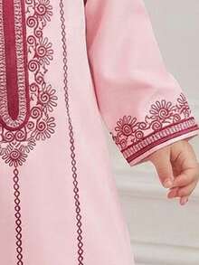SHEIN Baby Girls' Pink Print V-Neck Long Sleeve Dress, Traditional Arab Clothing, Jalabiya, Abaya