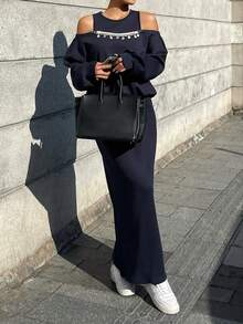 DAZY 女士休闲露肩上衣和半裙两件套 - 藏蓝色 - 查看 7