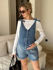 SHEIN Pregnant Women's Button Casual Versatile Daily Wear Denim Bib Shorts Valentine's Day Vacation Outfits Women Carnaval Summer Spring Commuting Graduation Chic Y2k Cute Streetwear Party Wedding Elegant Business Casual Woman