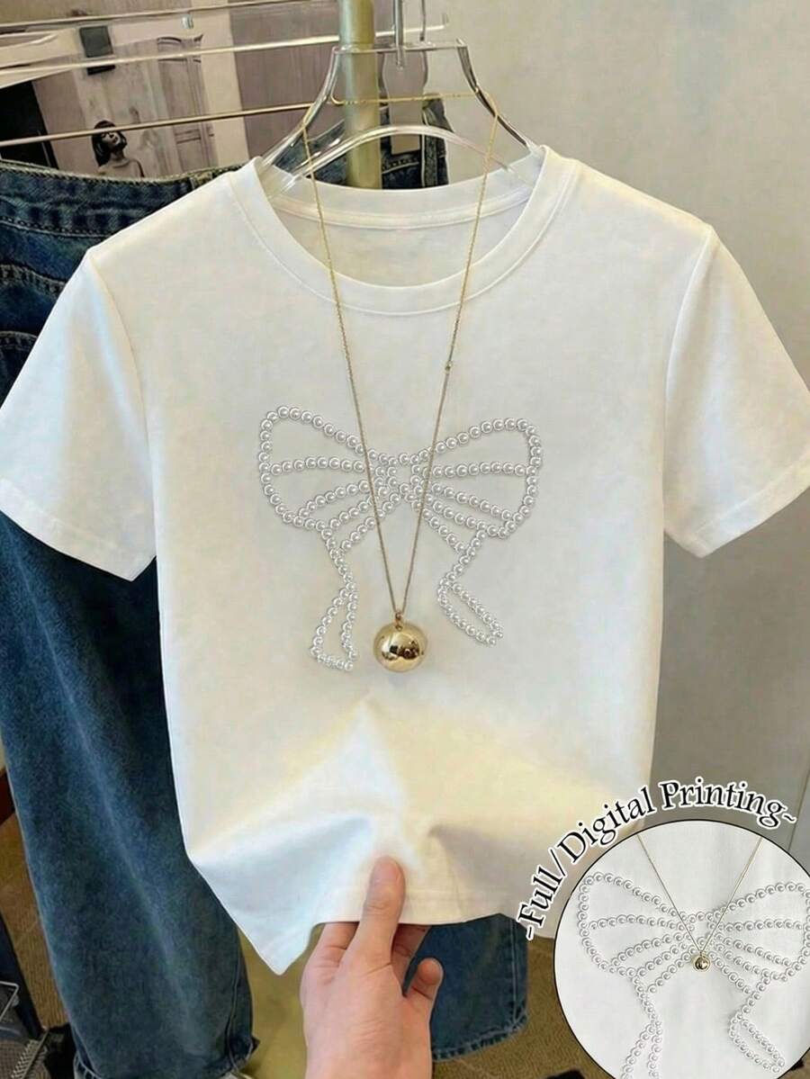 SHEIN 少女珍珠串珠蝴蝶结圆领休闲T恤 - 白色 - 查看 1