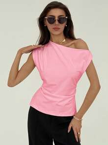 Aloruh New Minimalist Asymmetric-Shoulder Short Sleeve Pullover Cinched Waist Ruched Solid White T-Shirt - Pink - View 4