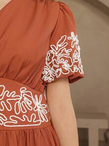DAZY Women's Elegant Contrast Color Embroidered Long Dress, Summer Wedding Guest Dress Sundress - Orange - View 3