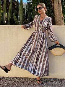 Livesso 女士休闲条纹短款连衣裙，适合度假 - 棕色 - 查看 3