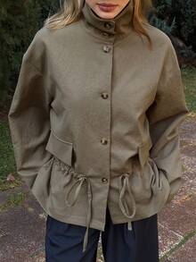 Livesso Women's Loose Fit High Neck Regular Jacket - Khaki - View 1