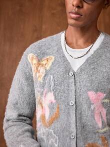 AKNOTIC Business Casual 男士休闲花卉纽扣针织毛衣，秋冬男士开衫毛衣，男士针织花卉钩编毛衣外套 - 杏色 - 查看 2