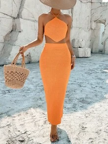Breezaya Women's Solid Color Minimalist Halter Top And Skirt Casual Vacation 2-Piece Set - Orange - View 4