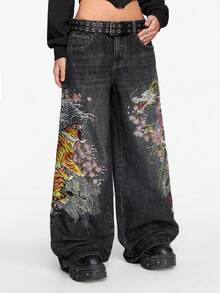 ROMWE Grunge Punk 男女皆宜的复古街头风中国虎纹花卉刺绣宽松阔腿牛仔裤 - 黑色 - 查看 6