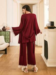 Moireta Elegant Lace Trim Flare Sleeve Pants Women Pajama Set, Charming For Valentine's Day - Burgundy - View 2