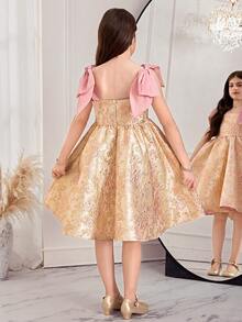 SHEIN Đầm công chúa thanh lịch cho bé gái tuổi teen, thích hợp dự tiệc, tiệc tùng, phối màu, trang trí nơ, chất liệu jacquard, thắt eo. - Nhiều màu - Xem 5