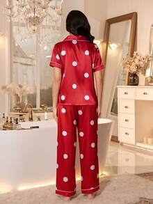 Women's New Polka Dot & Striped Button-Front Short Sleeve Satin Pajama Set - Red - View 2
