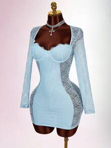 Amplova Women's Floral Lace Sweetheart Neck Long Sleeve Fitted Sexy Mini Dress - Blue - View 1