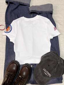 少女休闲简约修身圆领短袖高腰露脐常规T恤，适合夏季穿着 - 彩色 - 查看 2