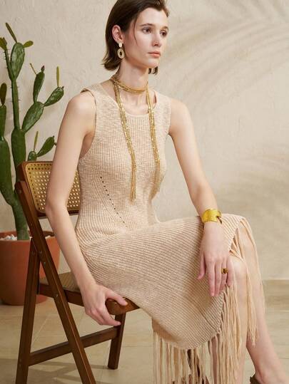 Airaco Women's Solid Color Fringe Hem Round Neck Sleeveless Sweater Dress