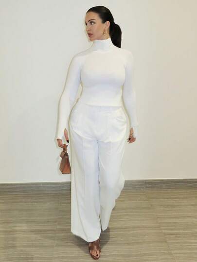 MDEdit 女式纯色褶皱口袋简约喇叭裤