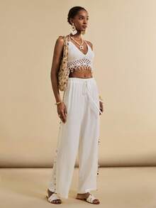 SHEIN Veneréa 女士夏季沙滩纯色阔腿裤，侧边饰有亮片装饰罩衫 - 白色 - 查看 5