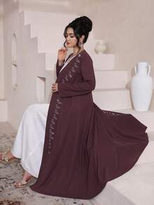 Al Najma Women's Purple Long Sleeve Beaded Elegant Arabic Abaya, Spring/SummerLong Purple Plain Abaya With Regular Sleeves And Delicate EmbroideryLong Purple Plain Abaya With Regular Sleeves And Delicate Embroidery Plum Rhinestone Leaf Embellished Open Elegant Open Front & Maxi Length Silhouette Spring Break Modest Glam Outfit Garden Party Modest Maxi Premium Smooth Crepe Fabric Modest Glam & Feminine Aesthetic Timeless Islamic Fashion Staple - Purple - View 6