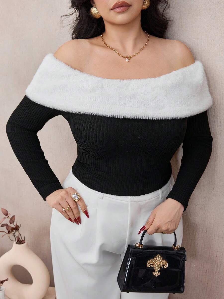 Modelyn Elegante camiseta de punto con hombros descubiertos, de colores contrastantes y textura suave y esponjosa para fiestas, otoño/invierno