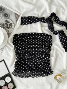 SHEIN Tween Girl Matching Neck Warmer, Bandeau Top, Ruched Waist, Black Base With White Polka Dots