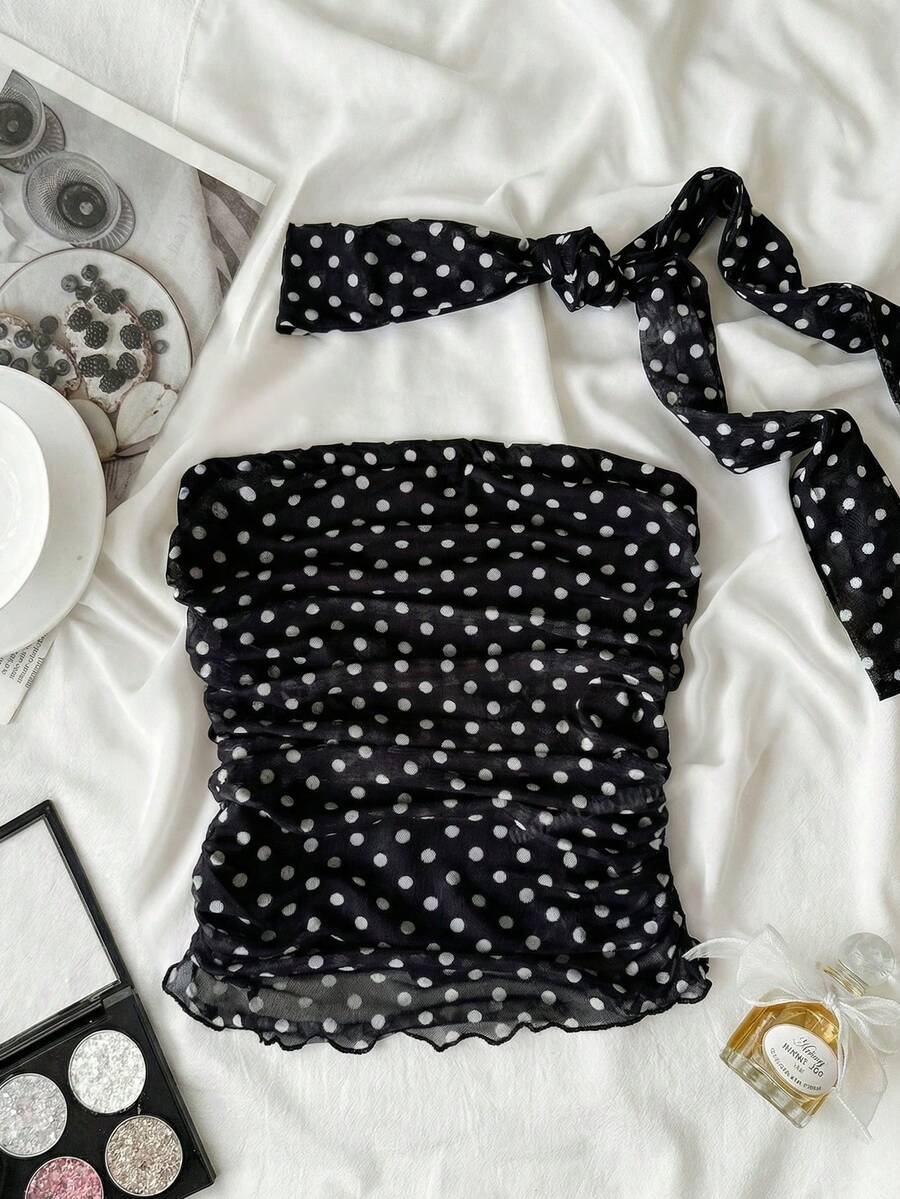 SHEIN Tween Girl Matching Neck Warmer, Bandeau Top, Ruched Waist, Black Base With White Polka Dots