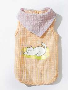PETSIN Pale Yellow Cute Slouchy Cat English Print & Plaid Pet Sleeveless Vest Top, Breathable & Lightweight For Dogs, Spring/Summer - Multicolor - View 1