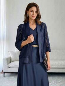 Miaspire This Elegant Two-Piece Women's Set Features A Deep Navy Blue Base, With The Combination Of Lace Texture And Matte Fabric Exuding A Touch Of Understated Luxury. The Floral Pattern Is A Delicate, Subtle Lace Design, Revealing A Gentle And Refined Temperament In Its Understated Details. The Silhouette Consists Of A Loose-Fitting Lace Cardigan And A Fitted V-Neck Vest. The Lightweight Fabric Is Versatile Enough For Various Occasions, And The Layering Design Balances Warmth And Style.Suitable For Spring And Autumn, And Suitable For Commuting, Casual Gatherings, Or Relaxing Afternoon Tea, This Set Conveys A Composed Style With Its Navy Blue Base And Showcases Elegant Fashion Sense With Its Lace Details. It's A Versatile And Stylish Choice For Any Two-Season Wardrobe. - Navy Blue - View 8
