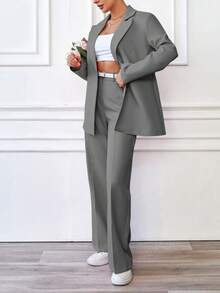 EURMUSE Fashionable Versatile Solid Color Suit Set, Commuter Outfit - Light Grey - View 5