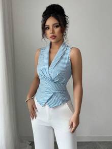 Elenzga Áo kiểu nữ không tay cổ chữ V thắt nơ eo, thanh lịch và quyến rũ. - Màu xanh ngọc - Xem 6