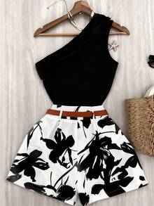 Women's Casual Vacation Outing Date Outfit, Black Asymmetrical Shoulder Knit Tank Top And Floral Print Short 2-Piece Set, Spring/Summer - Black and White - View 2