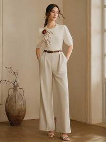 Anewsta Women's Round Neck Embroidered Puff Sleeve Knit Top - White - View 6