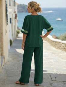 EMERY ROSE 女士秋季长袖衬衫和阔腿裤套装 - 墨綠色 - 查看 2