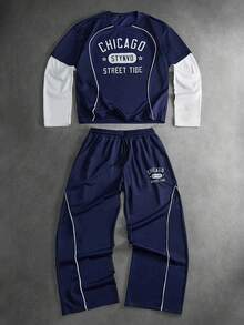 STYNVO 男士二合一长袖圆领T恤和长裤套装，撞色滚边，字母印花设计 - 寶藍色 - 查看 1