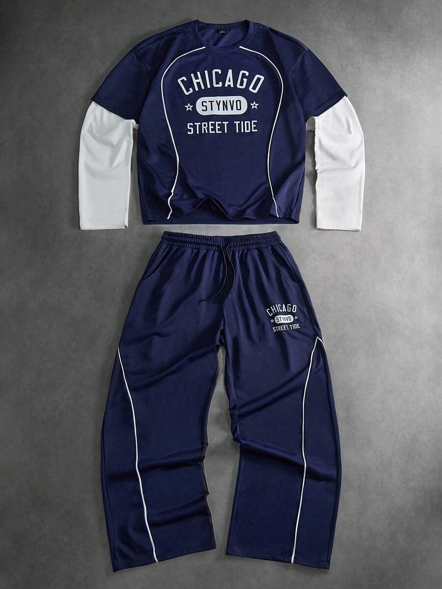 STYNVO 男士二合一长袖圆领T恤和长裤套装，撞色滚边，字母印花设计 - 寶藍色 - 查看 1