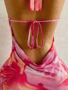 Soleia 女士性感浪漫度假露背系带拼接罩杯金属花卉装饰深V连衣裙，适合海滩、邮轮、城市度假、约会、音乐节，波西米亚风格 - 粉色 - 查看 9