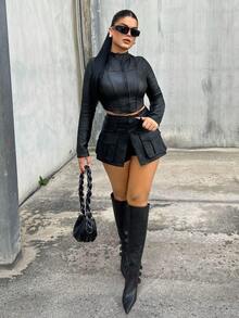 Dayanna Comas Áo khoác da PU ngắn thời trang, màu trơn, khóa kéo, ôm vừa vặn, đơn giản cho mùa thu/đông - màu đen - Xem 4