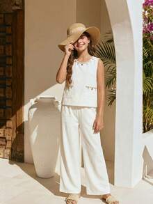 Sparklyn 少女休闲蕾丝边无袖上衣带口袋和直筒裤度假套装 - 白色 - 查看 4