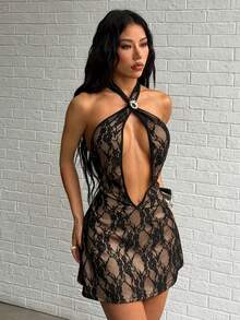 Flirla Sexy Hollow Metal Decor Criss-Cross Halter Mini Dress - Black - View 5