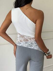 Aloruh Women's Elegant Solid Color Lace Patchwork One Shoulder Blouse, Summer - White - View 3