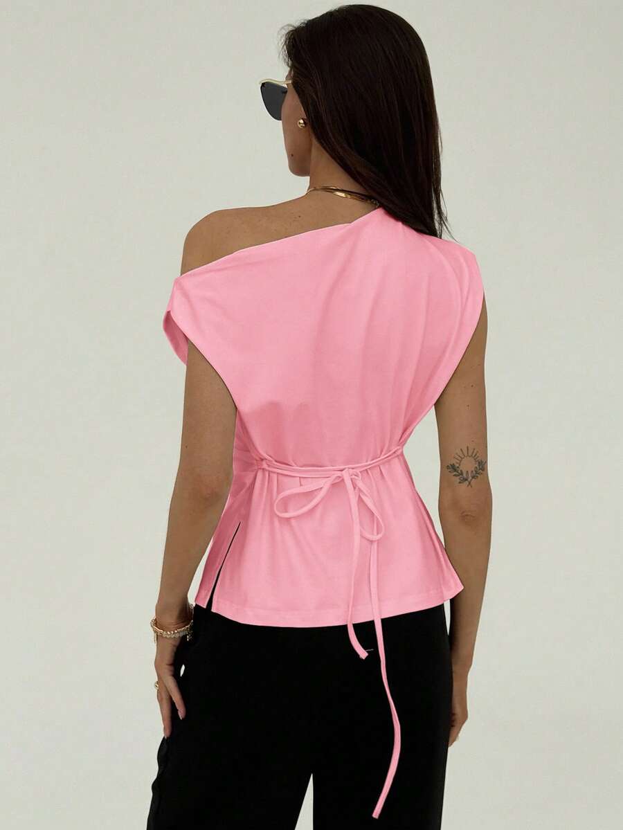 Aloruh New Minimalist Asymmetric-Shoulder Short Sleeve Pullover Cinched Waist Ruched Solid White T-Shirt - Pink - View 1
